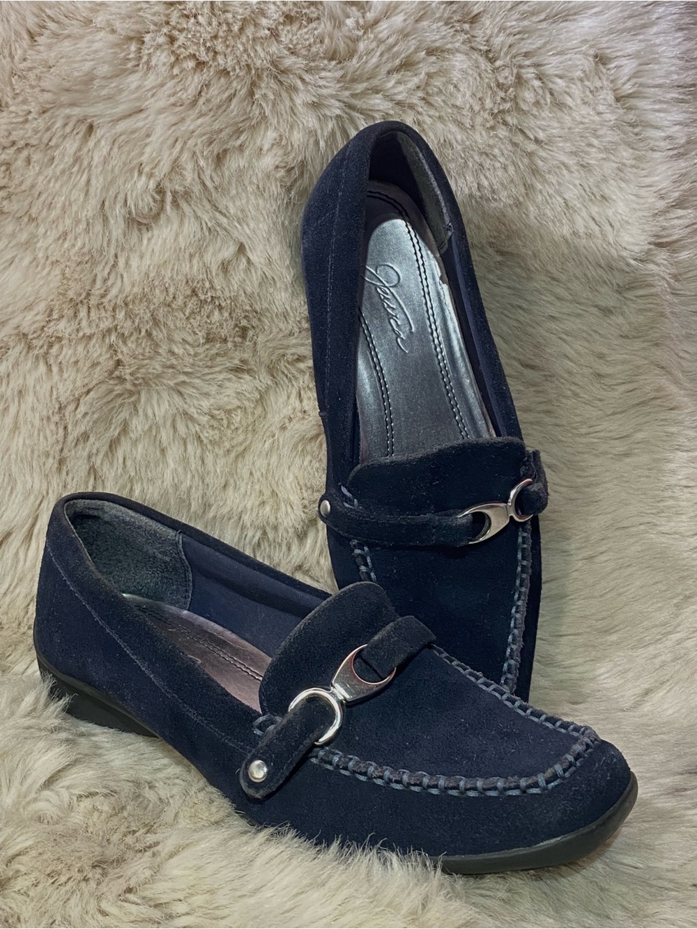 Jessica Navy Suede Loafers with Silver Hardware
